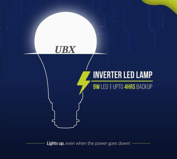<ul> <li>UBX 9Watt rechargeable Inverter led bulb. A perfect emergency light for home , which promises up to 4 hours of continuous lighting backup during power cuts</li> <li>It houses a powerful lithium-ion battery, requiring 8-10 hours of charging time</li> <li>UBX 9W Inverter emergency rechargeable Led bulb will get automatically charged when it is kept on</li> <li>UBX emergency light rechargeable led bulb is the perfect lighting backup during power cuts and can be used in your study/drawing room and bathroom in your home, retail shops and hospital</li> </ul>