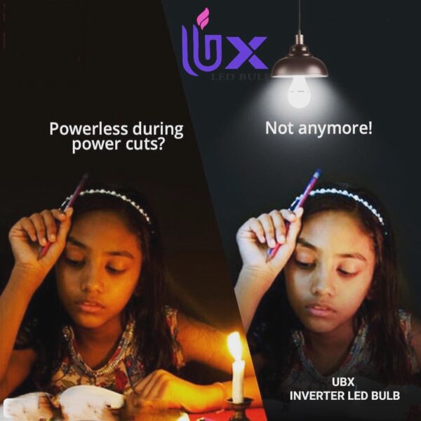 <ul> <li>UBX 9Watt rechargeable Inverter led bulb. A perfect emergency light for home , which promises up to 4 hours of continuous lighting backup during power cuts</li> <li>It houses a powerful lithium-ion battery, requiring 8-10 hours of charging time</li> <li>UBX 9W Inverter emergency rechargeable Led bulb will get automatically charged when it is kept on</li> <li>UBX emergency light rechargeable led bulb is the perfect lighting backup during power cuts and can be used in your study/drawing room and bathroom in your home, retail shops and hospital</li> </ul>