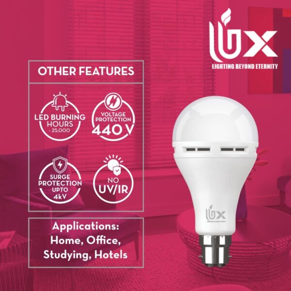 <h3>UBX 9Watt rechargeable Inverter led bulb.</h3> A perfect emergency light for home , which promises up to 4 hours of continuous lighting backup during power cuts It houses a powerful lithium-ion battery, requiring 8-10 hours of charging time UBX 9W Inverter <a href="https://ubxpowersystems.com/product/ubx-imperia-12-watts-emergency lights/">https://ubxpowersystems.com/product/ubx-imperia-12-watts-emergency lights/</a>emergency rechargeable Led bulb will get automatically charged when it is kept on.